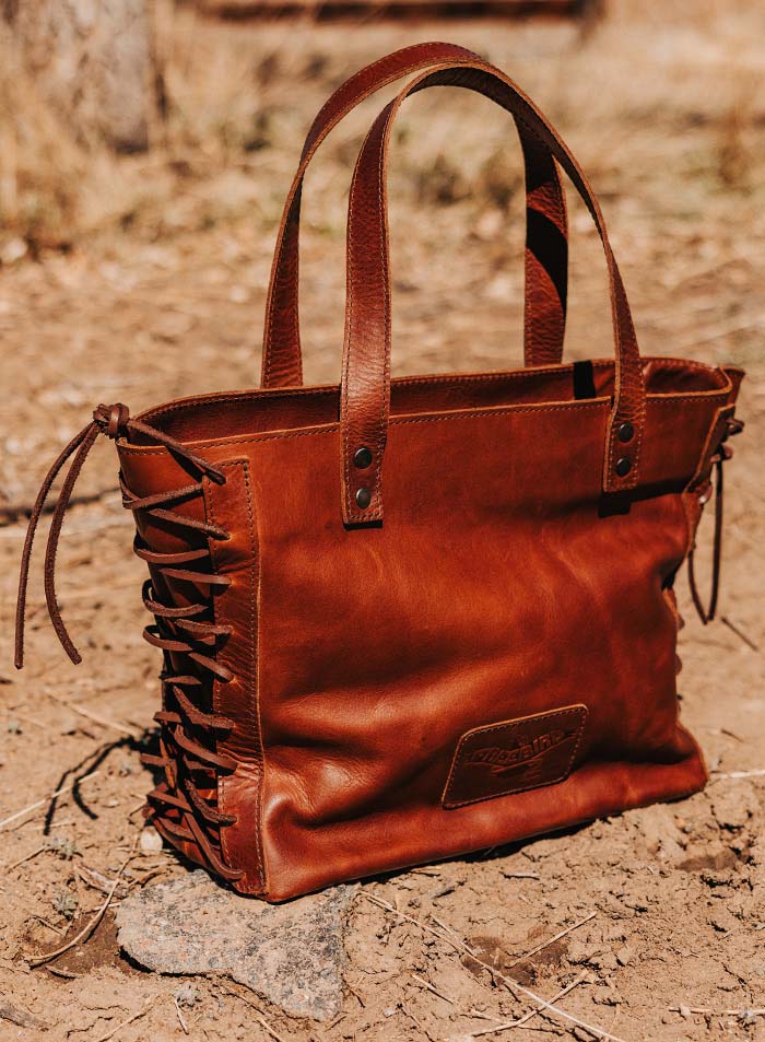 tribe leather side lacing tote bag cognac