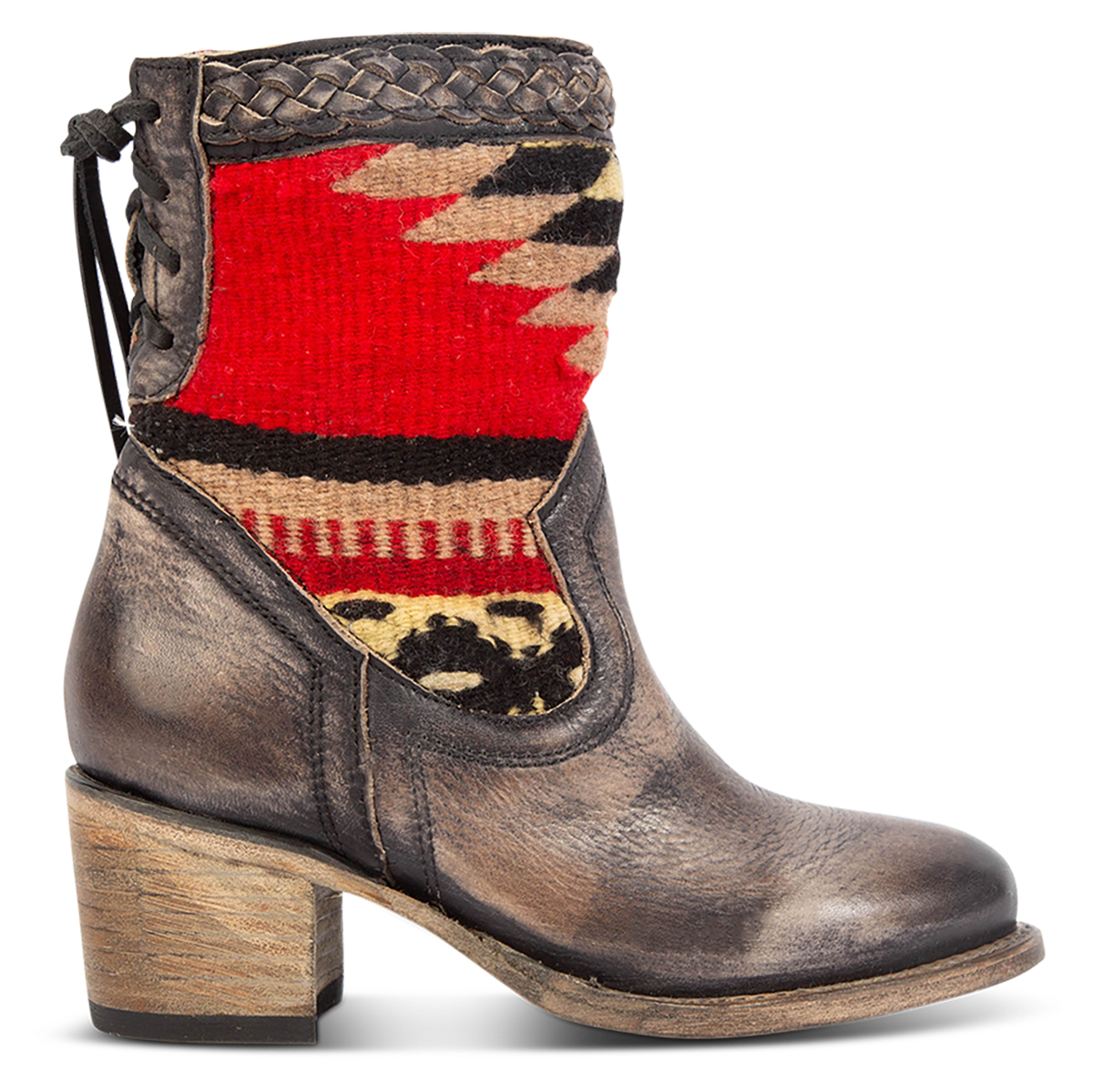 FREEBIRD women's Songbird black leather bootie with woven detailing, leather tie lacing and an inside working brass zip closure