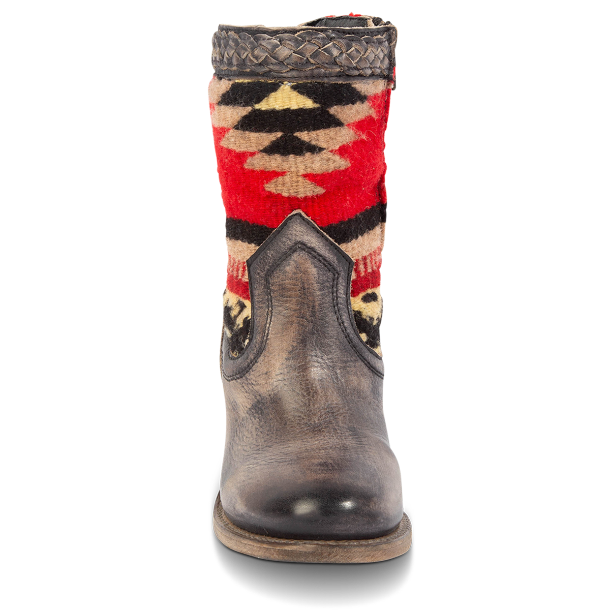 Front view showing multi-colored woven stitch detailing, a braided feature and rounded toe on FREEBIRD women's Songbird black leather bootie