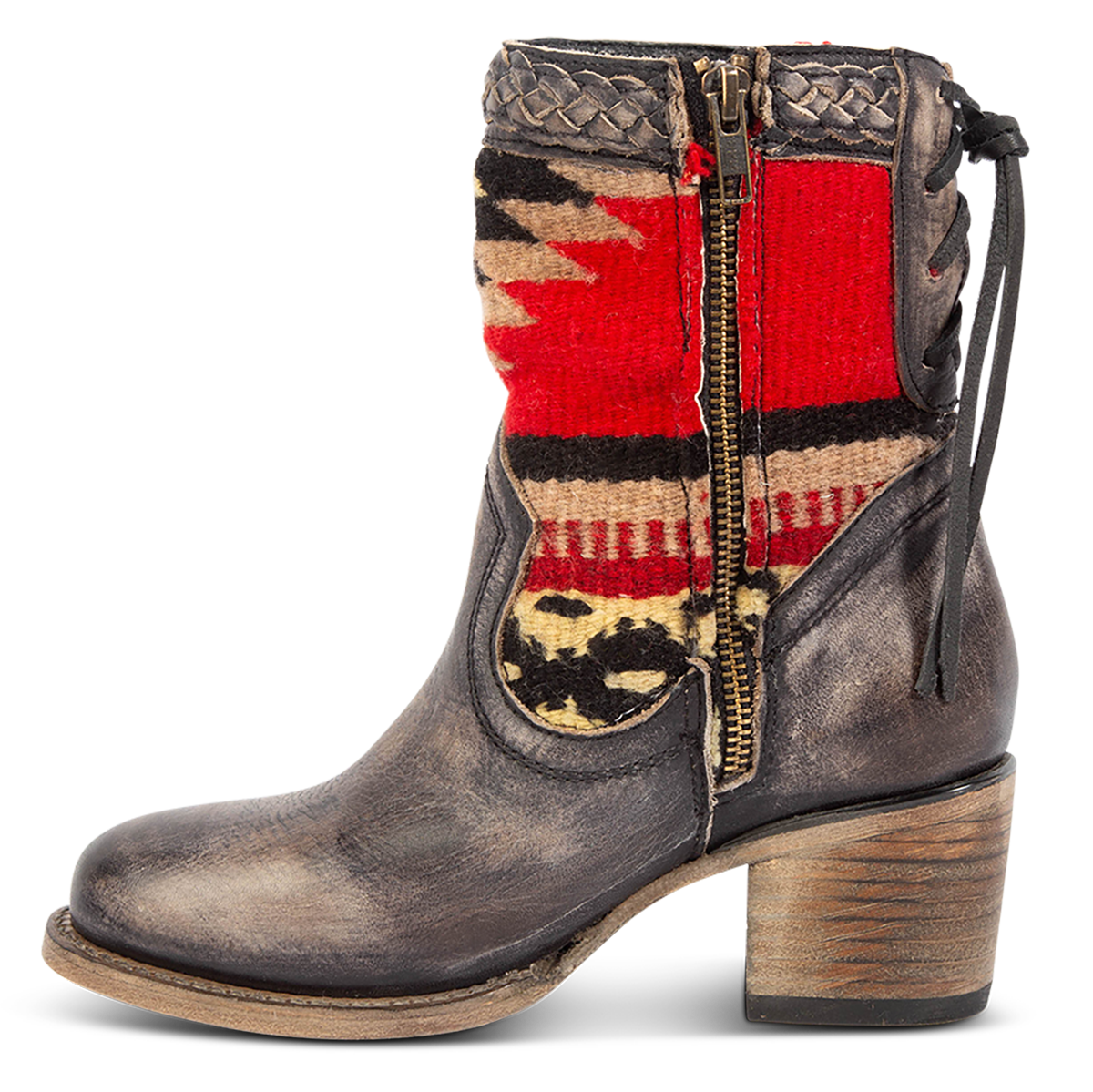 Inside view showing an inside working brass zipper, adjustable leather lacing and multi-colored woven detailing on FREEBIRD women's Songbird black leather bootie