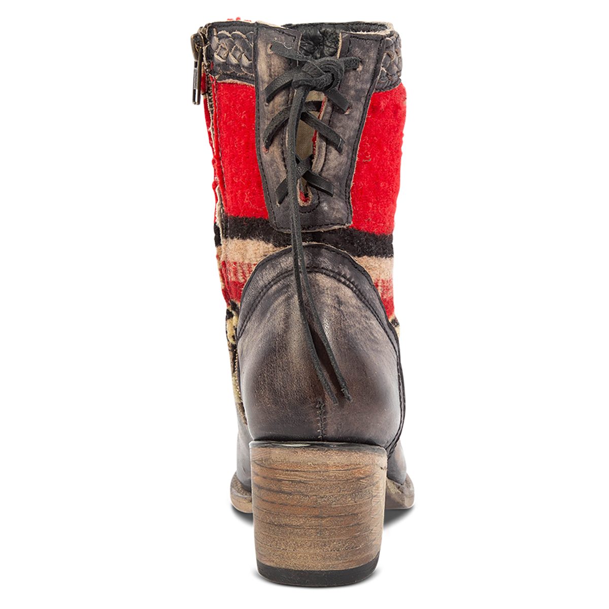 Back view showing adjustable leather lacing, a stacked heel and multi-colored woven detailing on FREEBIRD women's Songbird black leather bootie