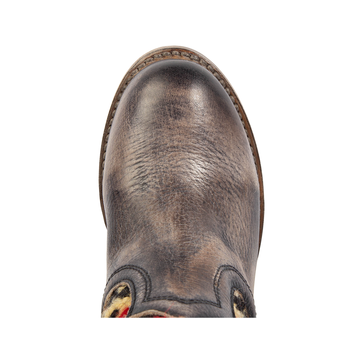 Top view showing a rounded toe and Goodyear welt on FREEBIRD women's Songbird black leather bootie