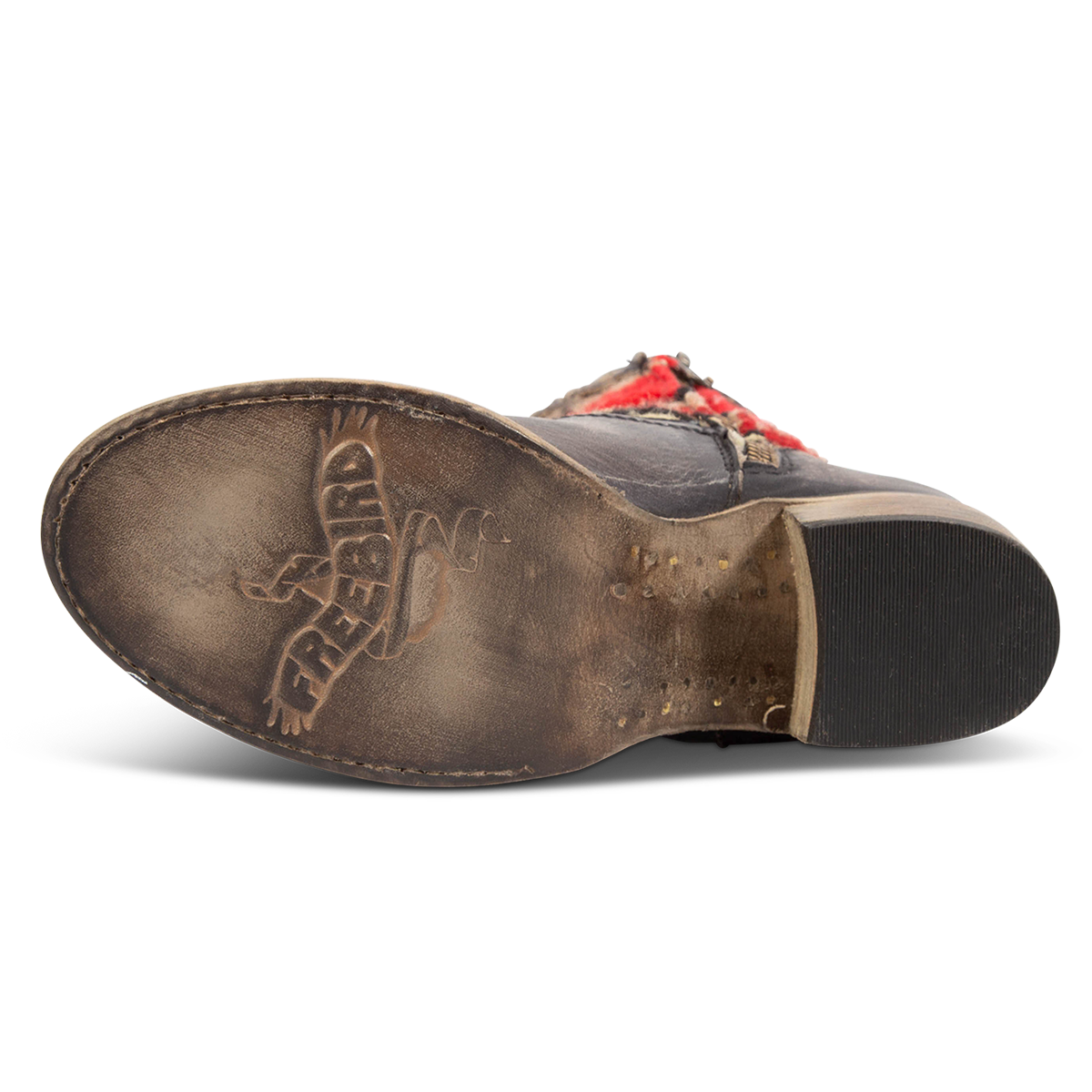 Leather sole imprinted with FREEBIRD on women's Songbird black leather bootie