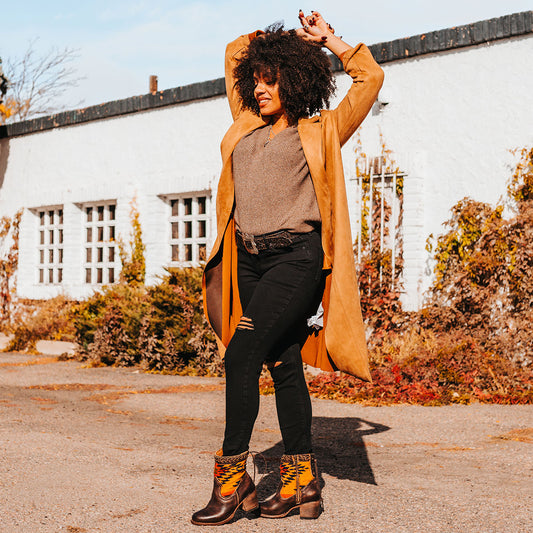 FREEBIRD women's Songbird brown leather bootie with woven detailing, leather tie lacing and an inside working brass zip closure lifesstyle