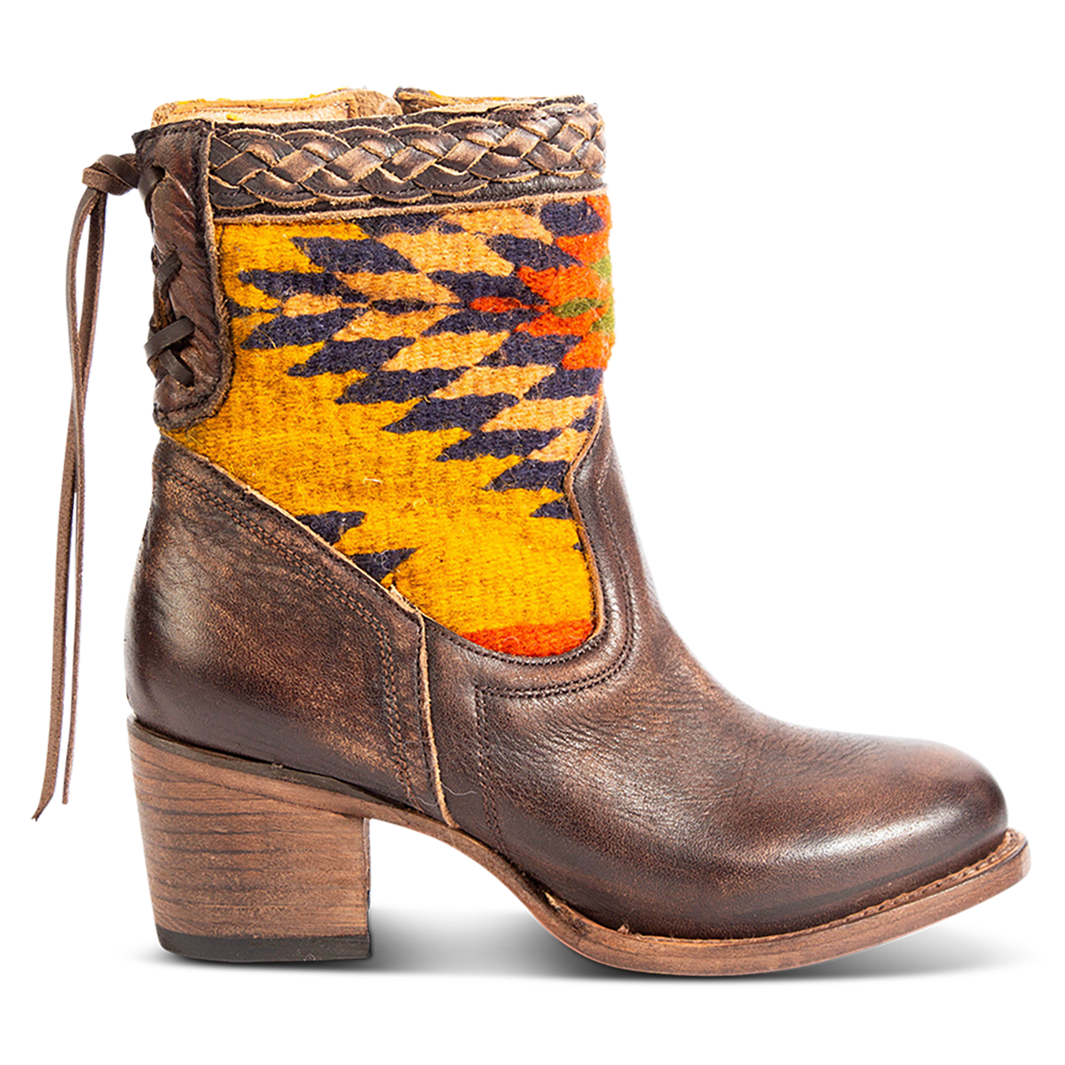 FREEBIRD women's Songbird brown leather bootie with woven detailing, leather tie lacing and an inside working brass zip closure