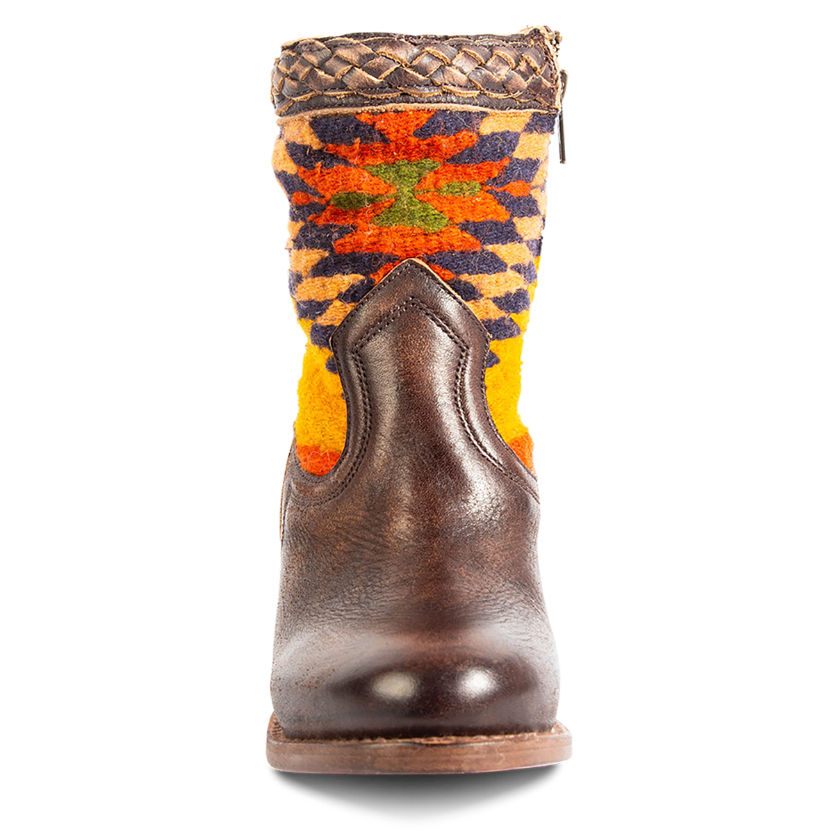 Front view showing multi-colored woven stitch detailing, a braided feature and rounded toe on FREEBIRD women's Songbird brown leather bootie