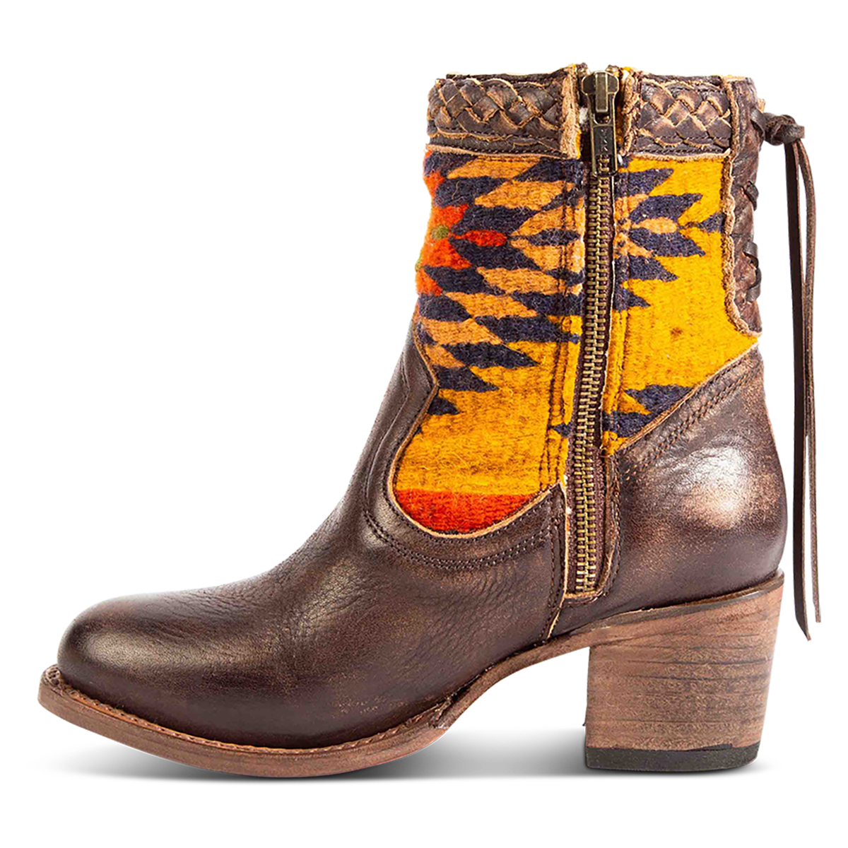 Inside view showing an inside working brass zipper, adjustable leather lacing and multi-colored woven detailing on FREEBIRD women's Songbird brown leather bootie