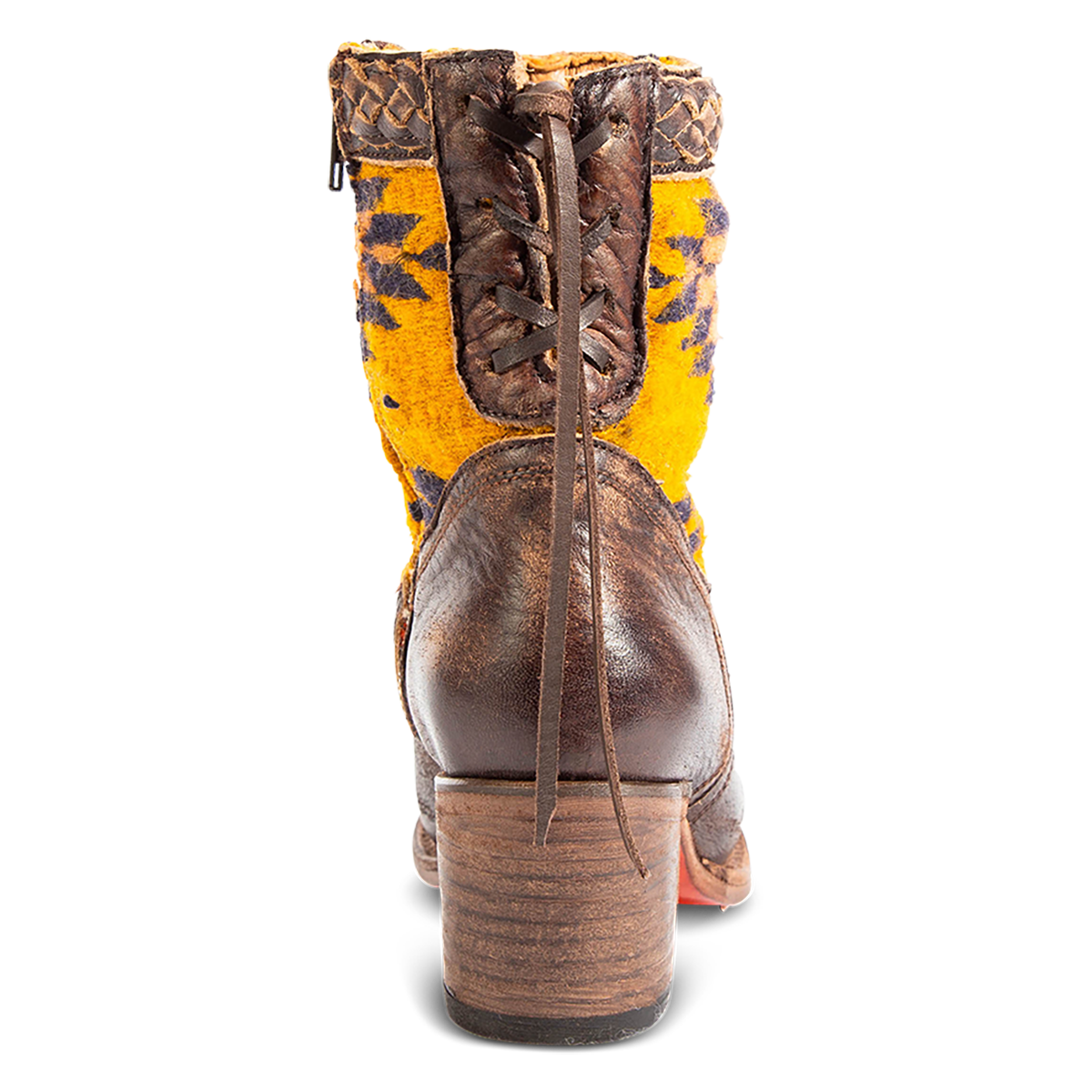 Back view showing adjustable leather lacing, a stacked heel and multi-colored woven detailing on FREEBIRD women's Songbird brown leather bootie