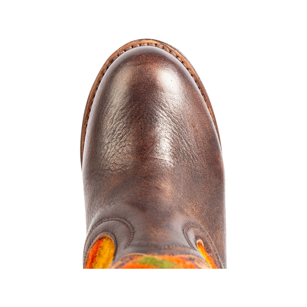 Top view showing a rounded toe and Goodyear welt on FREEBIRD women's Songbird brown leather bootie