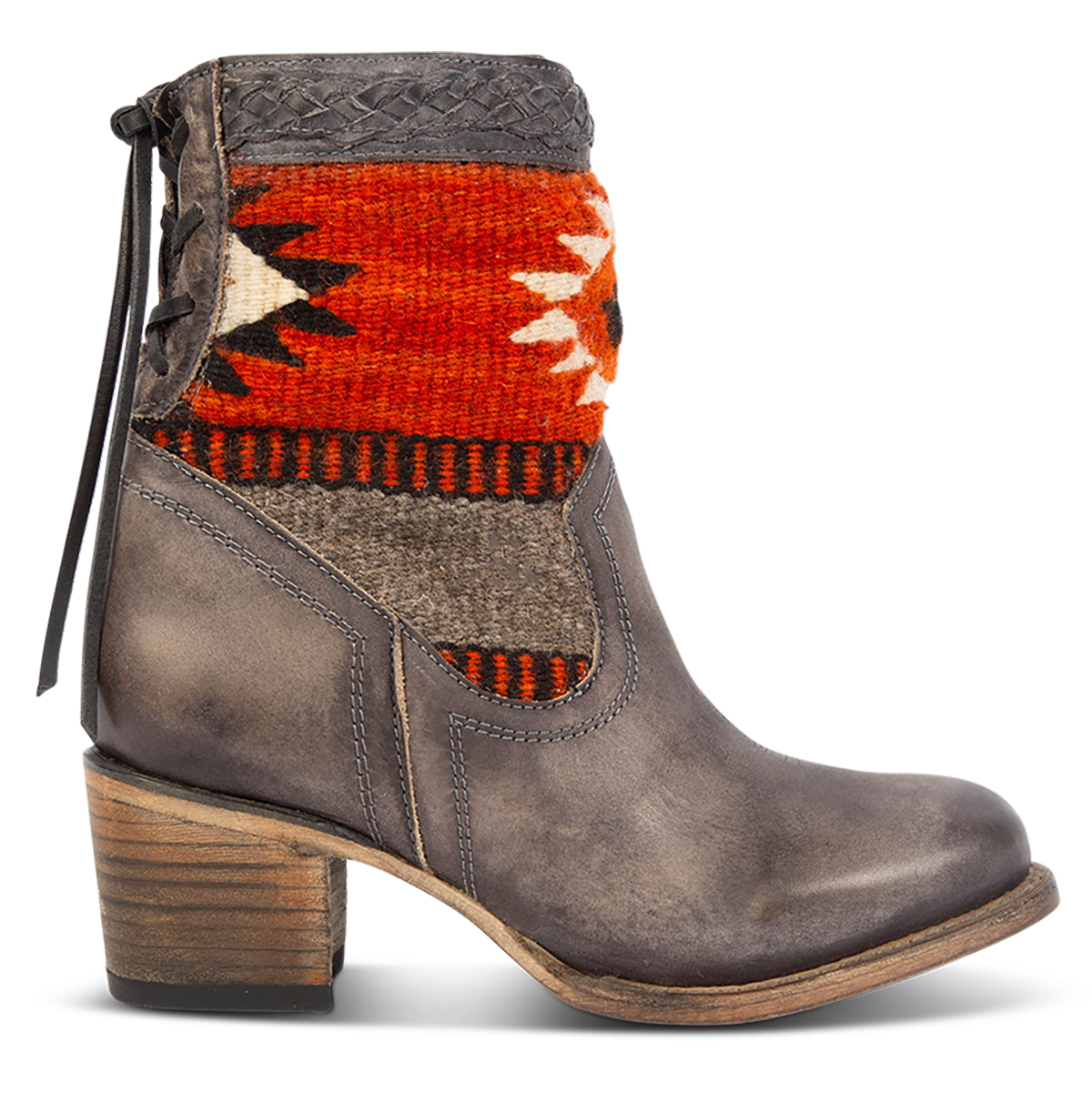 FREEBIRD women's Songbird stone leather bootie with woven detailing, leather tie lacing and an inside working brass zip closure