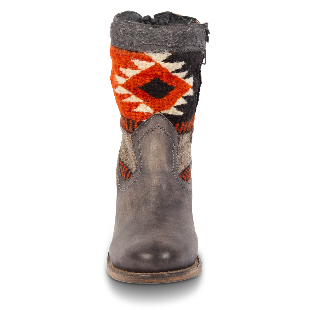 Front view showing multi-colored woven stitch detailing, a braided feature and rounded toe on FREEBIRD women's Songbird stone leather bootie