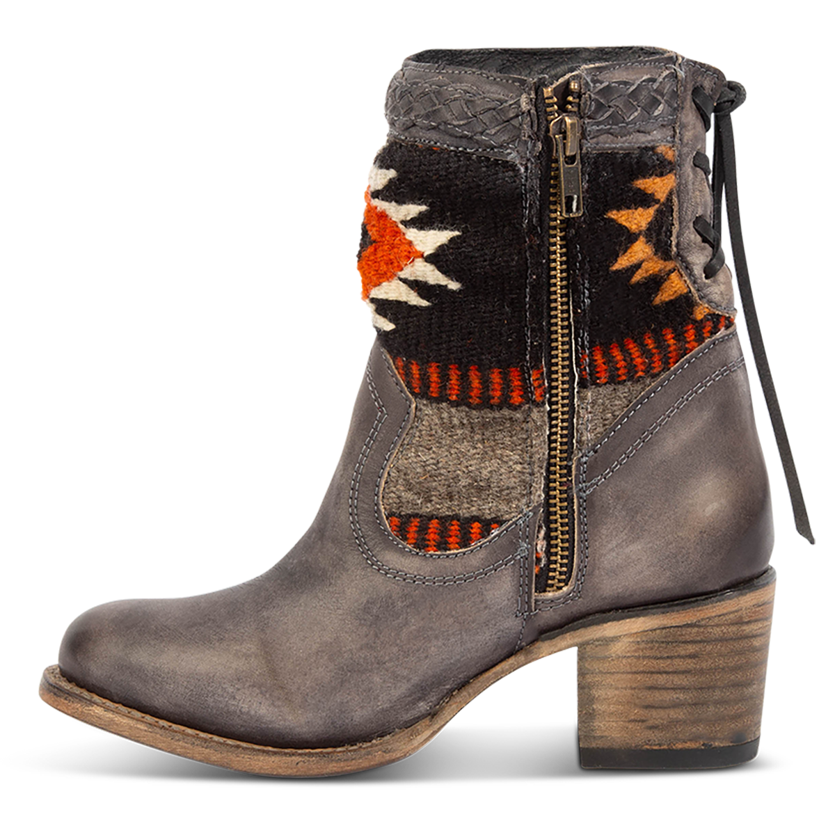 Inside view showing an inside working brass zipper, adjustable leather lacing and multi-colored woven detailing on FREEBIRD women's Songbird stone leather bootie
