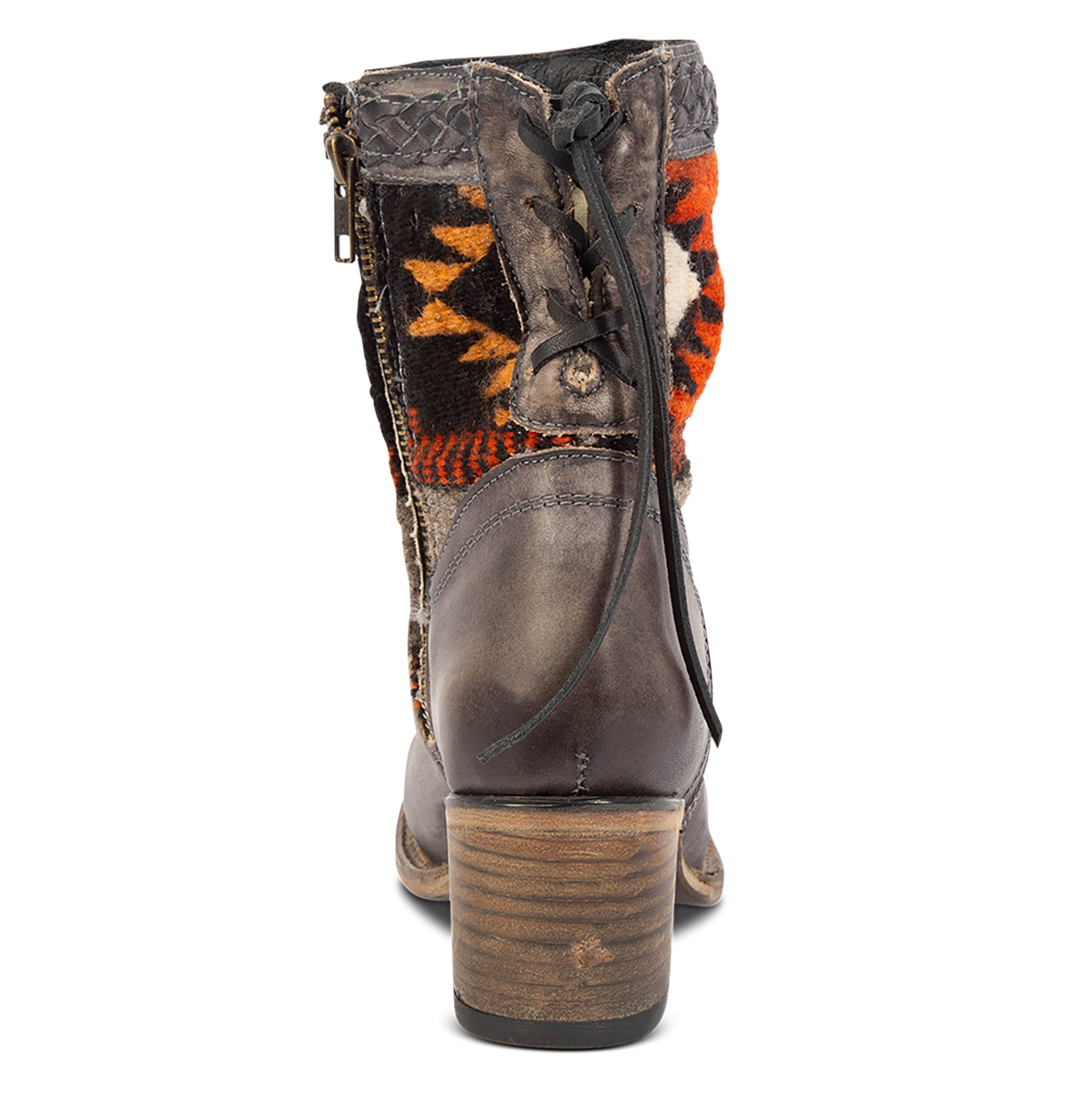 Back view showing adjustable leather lacing, a stacked heel and multi-colored woven detailing on FREEBIRD women's Songbird stone leather bootie
