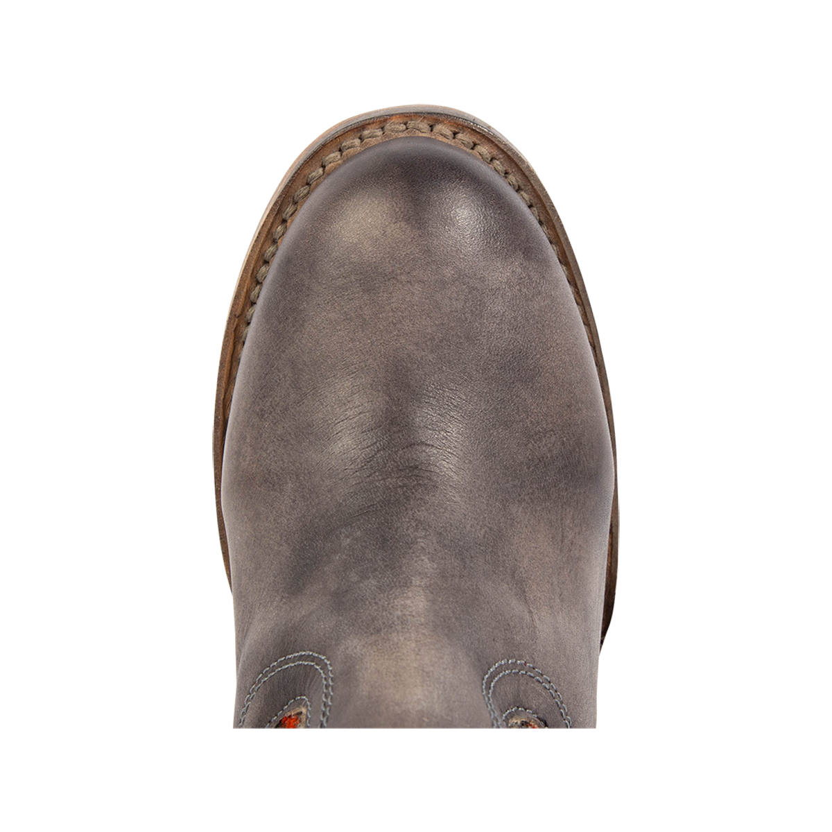 Top view showing a rounded toe and Goodyear welt on FREEBIRD women's Songbird stone leather bootie