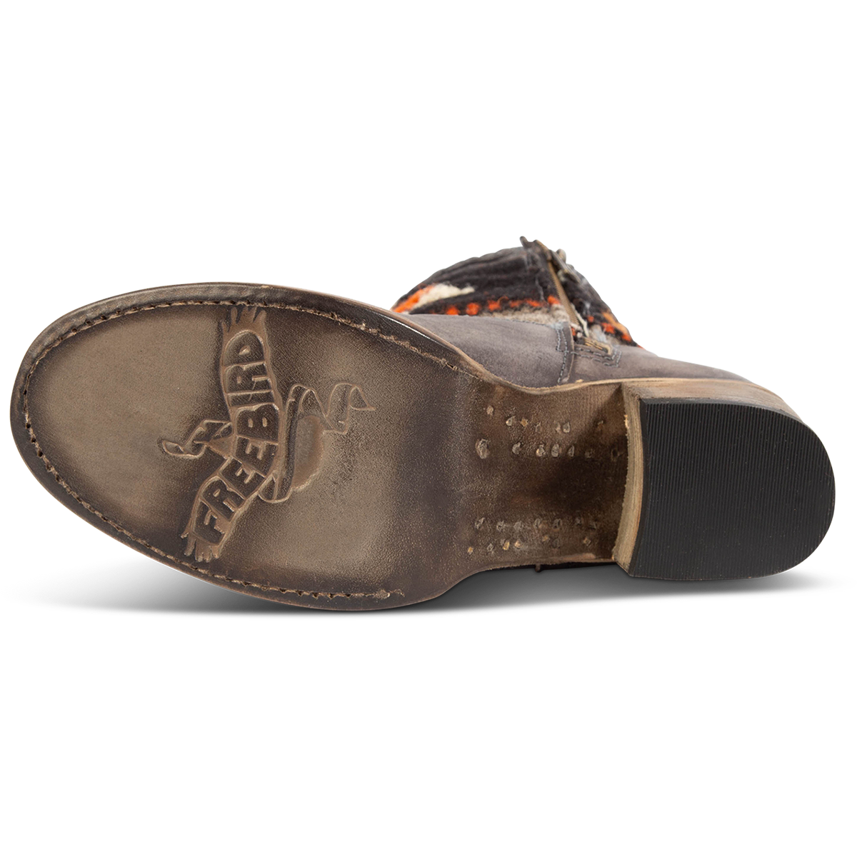 Leather sole imprinted with FREEBIRD on women's Songbird stone leather bootie