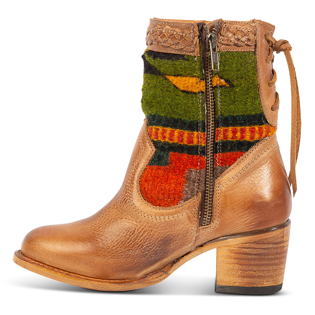 Inside view showing an inside working brass zipper, adjustable leather lacing and multi-colored woven detailing on FREEBIRD women's Songbird tan leather bootie
