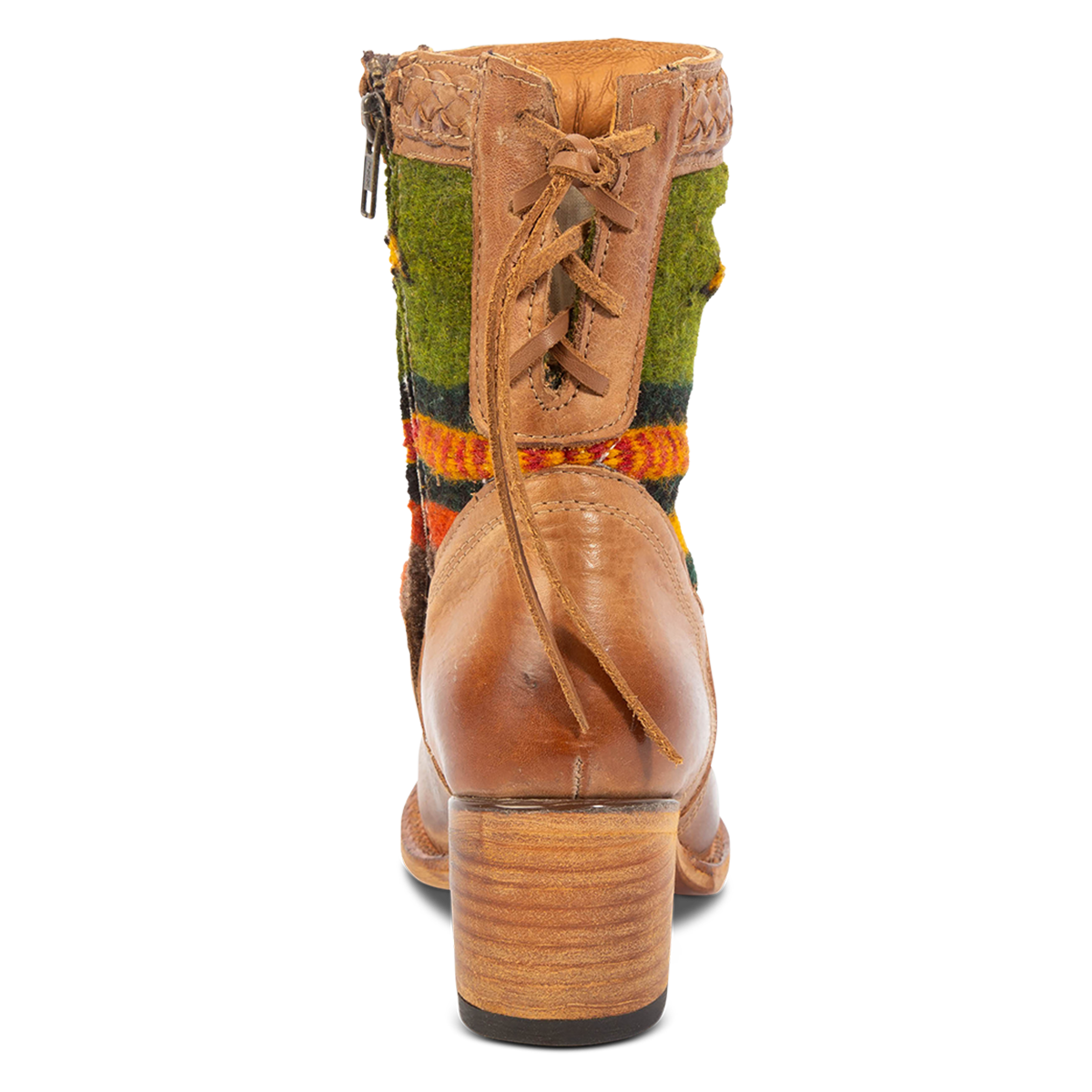 Back view showing adjustable leather lacing, a stacked heel and multi-colored woven detailing on FREEBIRD women's Songbird tan leather bootie