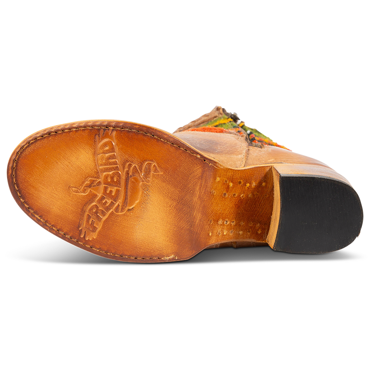 Leather sole imprinted with FREEBIRD on women's Songbird tan leather bootie