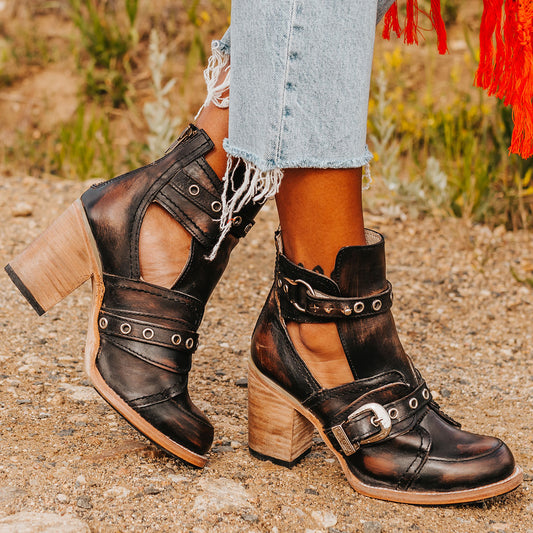 FREEBIRD women’s Sonoma black distressed leather bootie with ankle cut outs and silver hardware