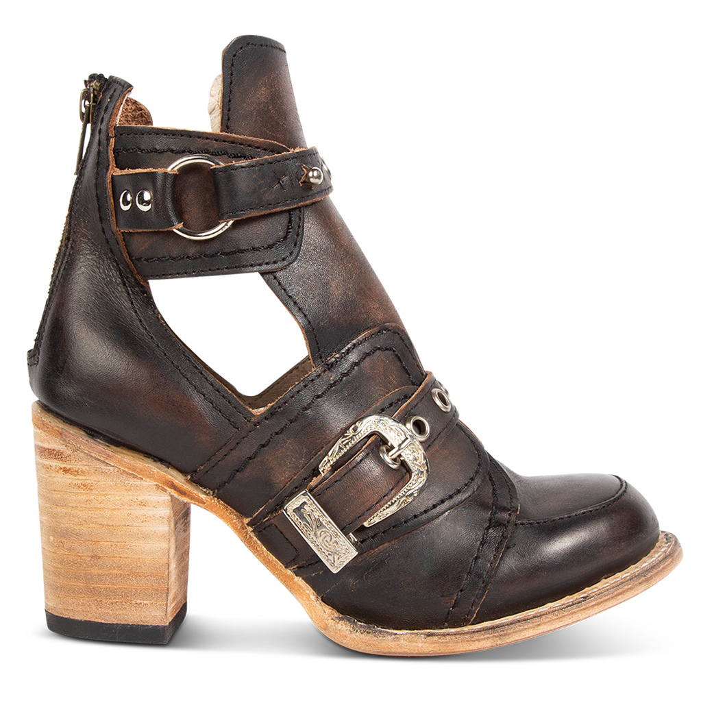 FREEBIRD women’s Sonoma black distressed leather bootie with ankle cut outs and silver hardware
