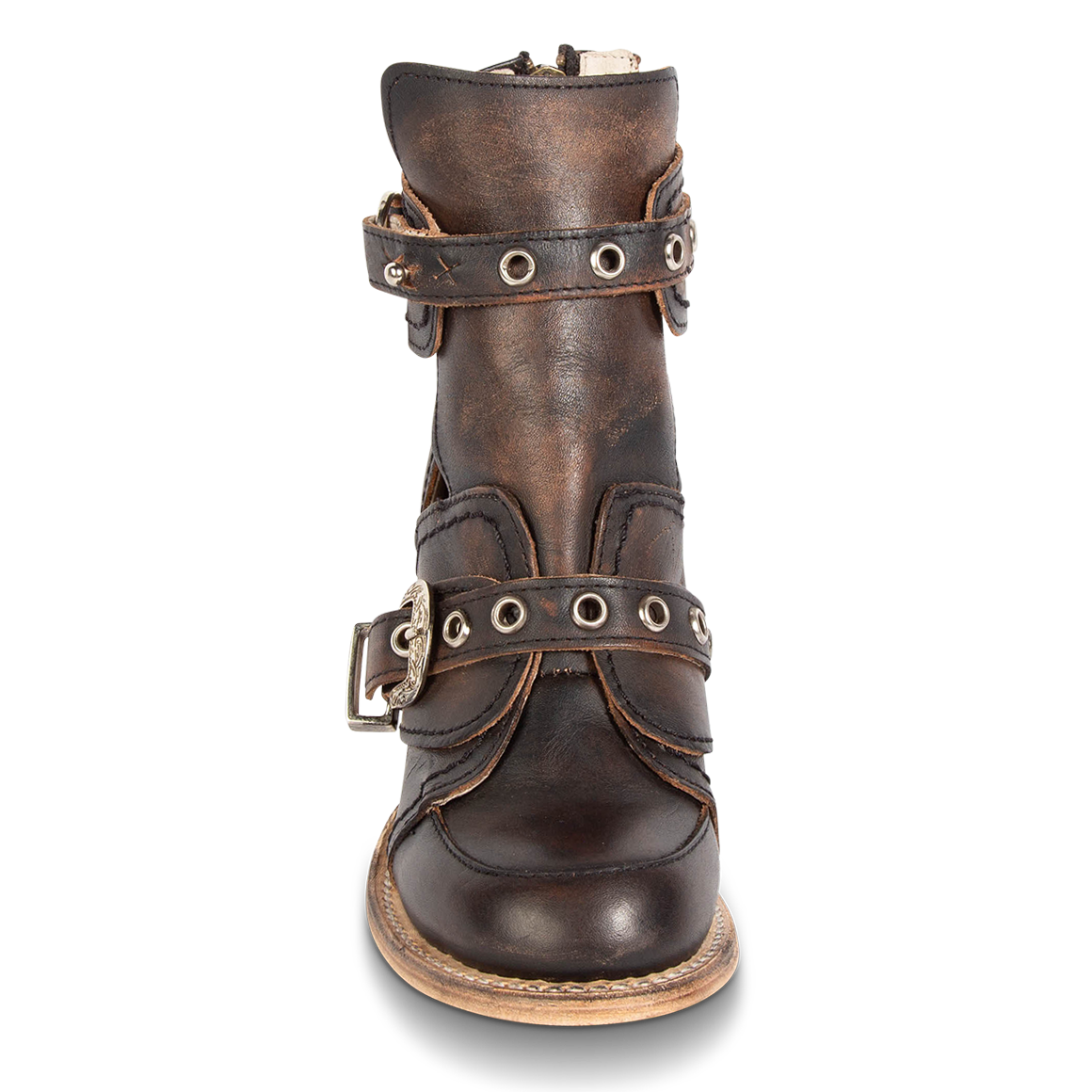 Front view showing double leather straps with silver hardware on FREEBIRD women's Sonoma black distressed leather bootie