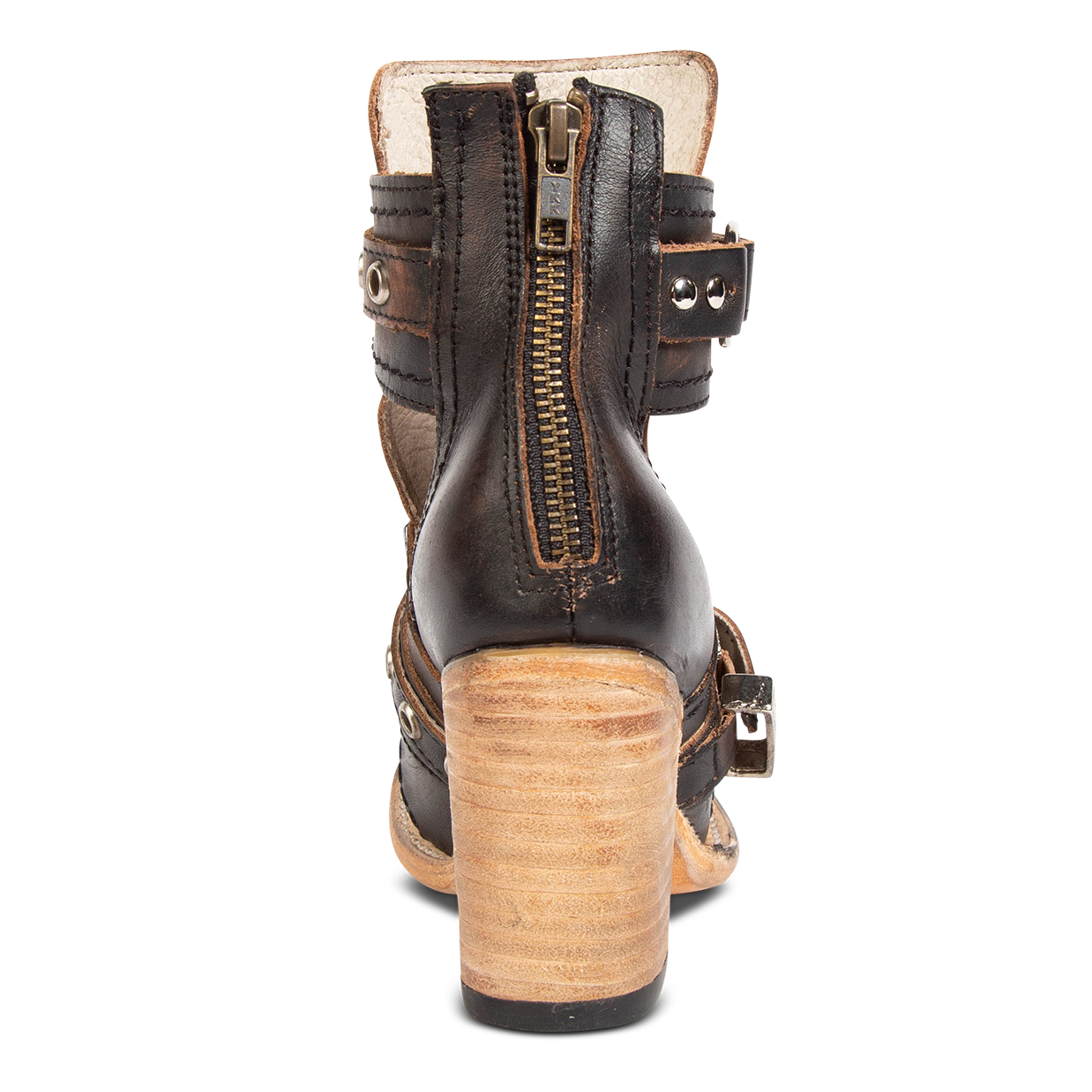 Back view showing working brass zip closure and wood wrapped heel on FREEBIRD women's Sonoma black distressed leather bootie