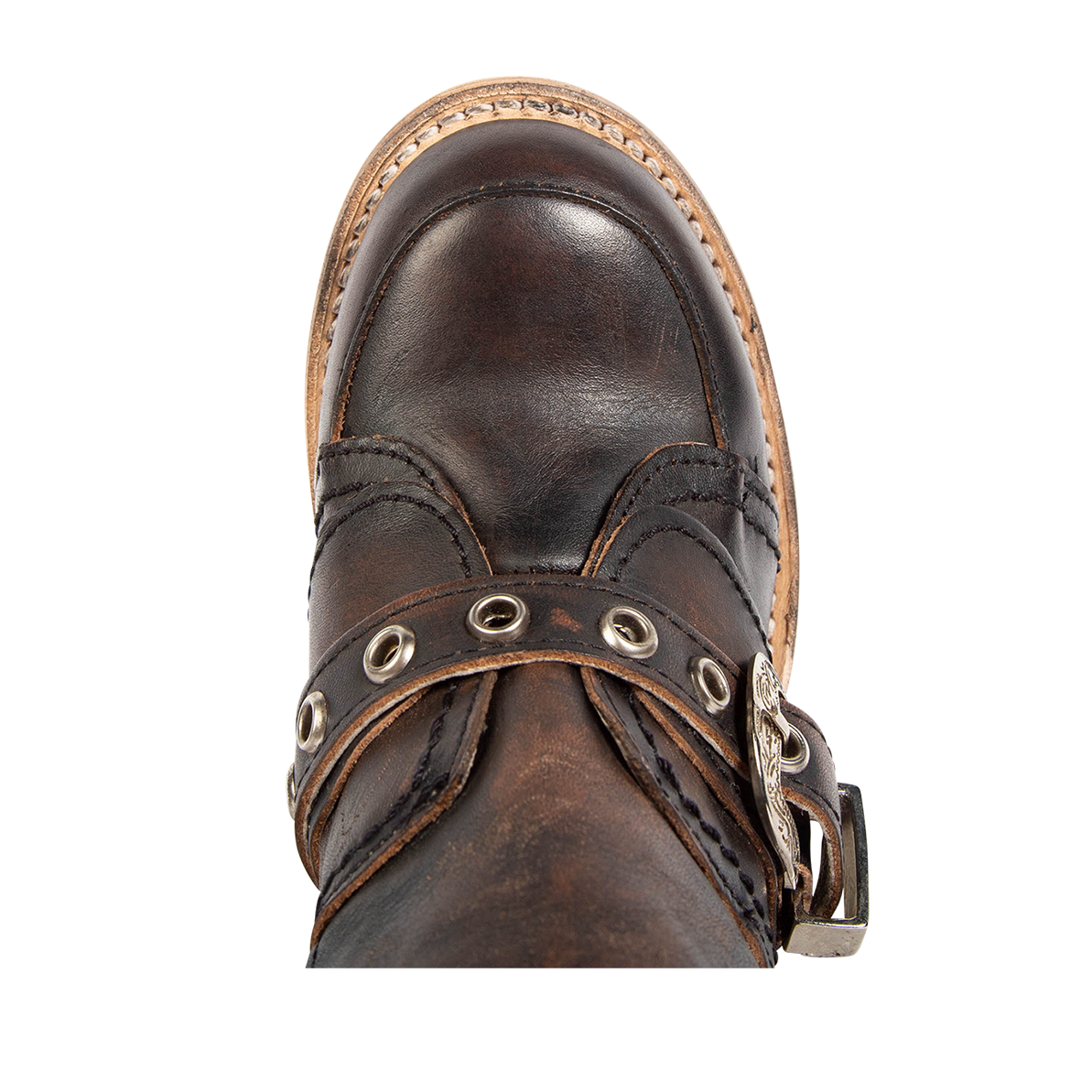 Top view showing round toe and decorative leather straps with silver hardware on FREEBIRD women's Sonoma black distressed leather bootie