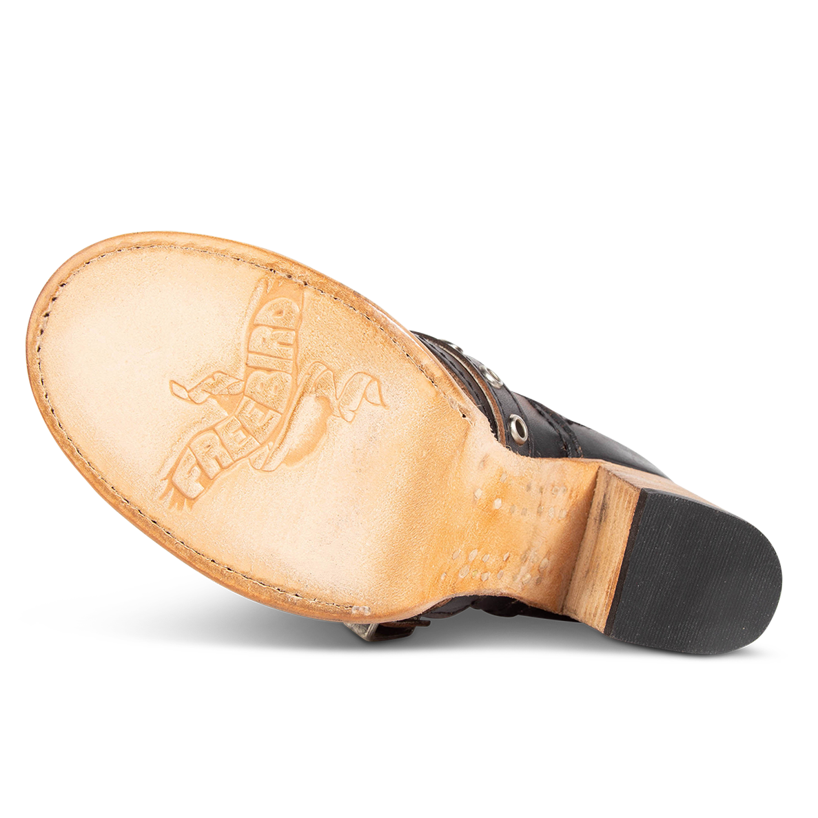 Leather sole imprinted with FREEBIRD on women's Sonoma black distressed leather bootie