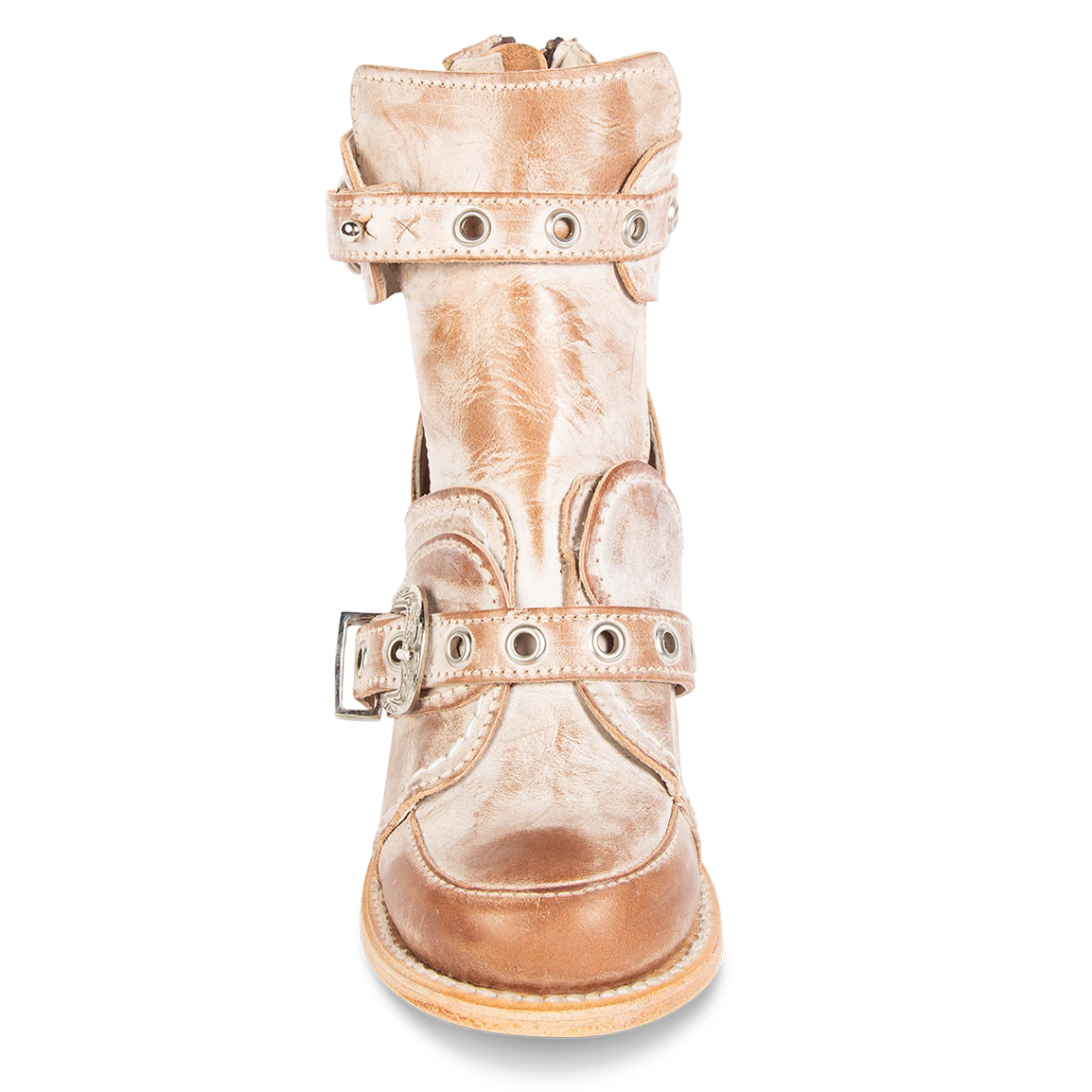 Front view showing double leather straps with silver hardware on FREEBIRD women's Sonoma taupe leather bootie