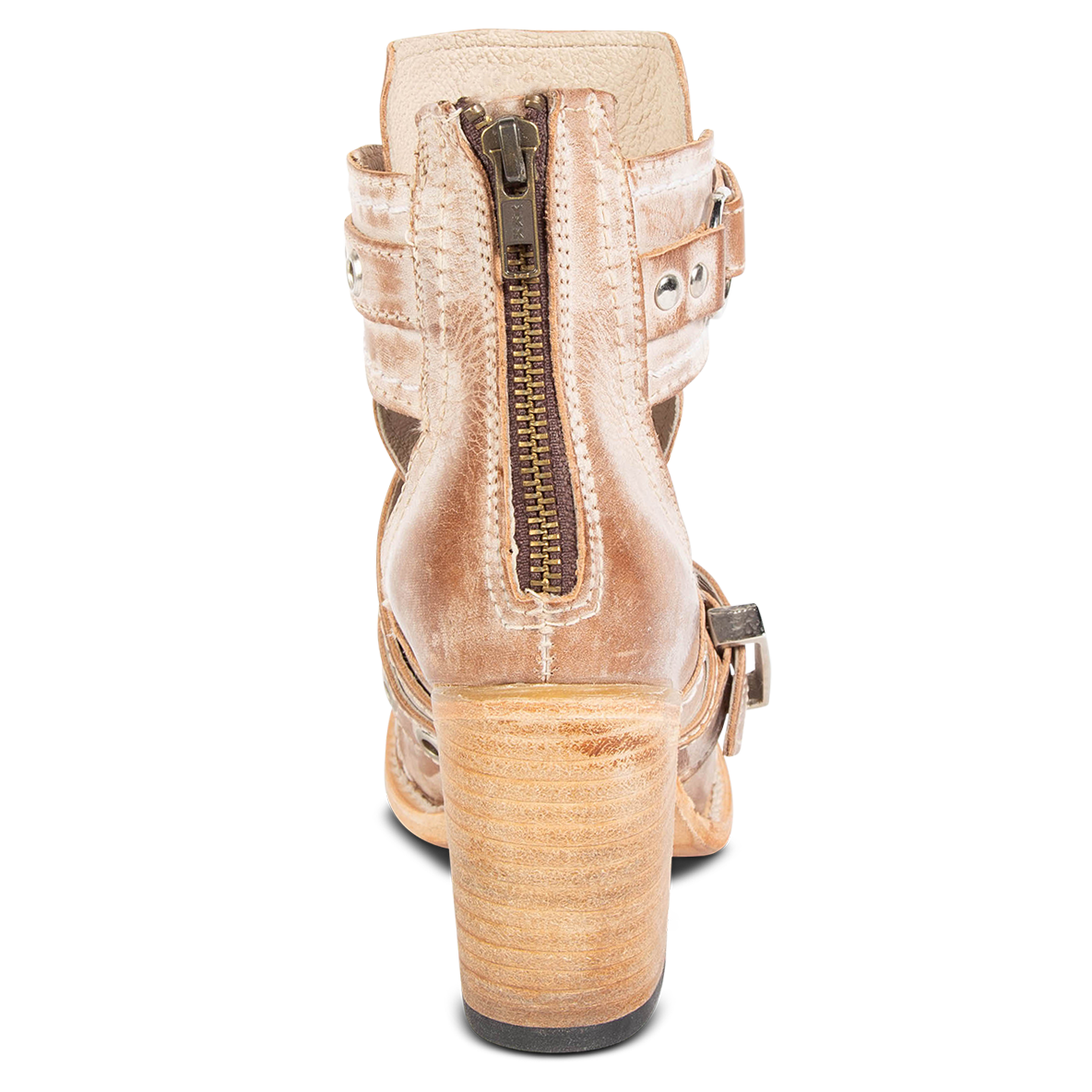 Back view showing working brass zip closure and wood wrapped heel on FREEBIRD women's Sonoma taupe leather bootie
