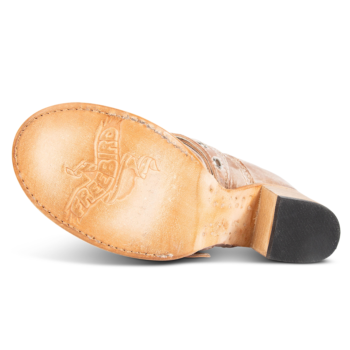 Leather sole imprinted with FREEBIRD on women's Sonoma taupe leather bootie