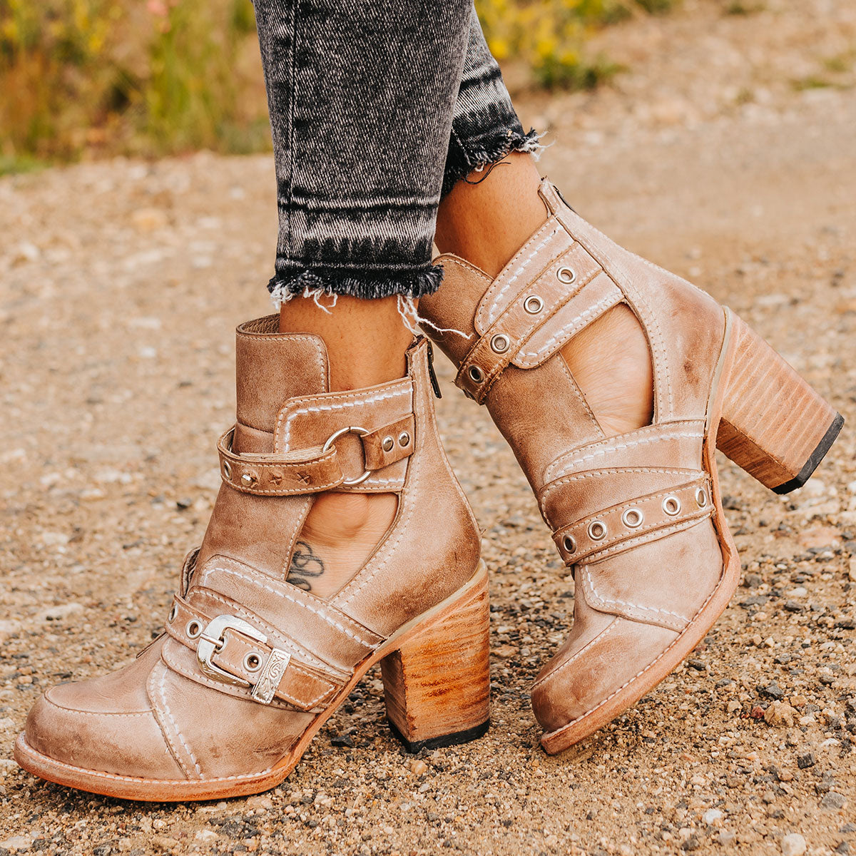 FREEBIRD women’s Sonoma taupe leather bootie with ankle cut outs and silver hardware