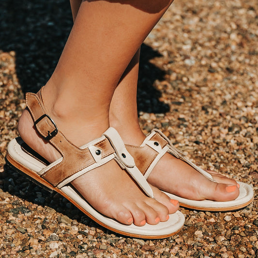 FREEBIRD women's Sorrento bone multi leather sandal with an adjustable heel strap and slightly elevated heel