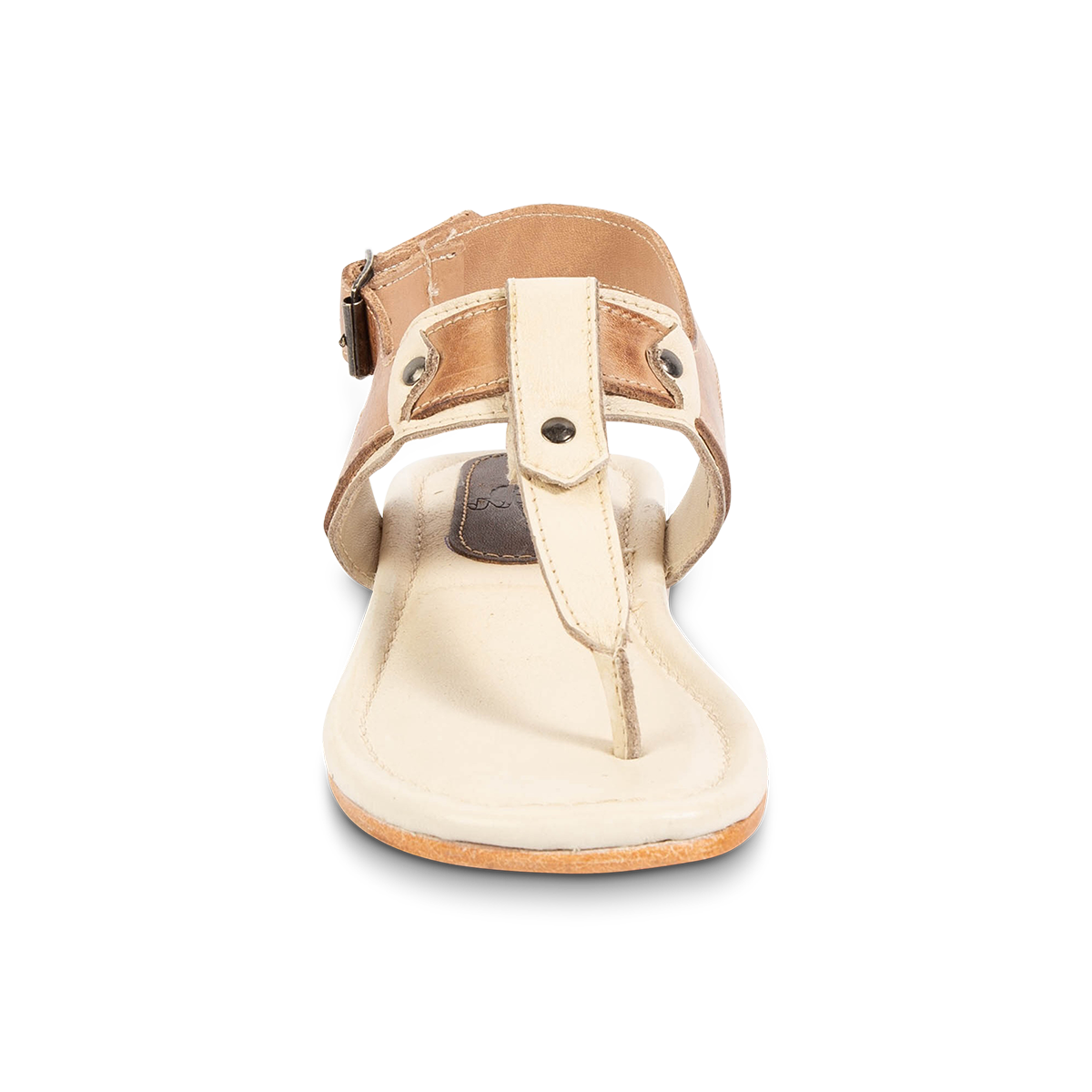 Front view showing FREEBIRD women's Sorrento bone multi leather sandal with an open construction and adjustable heel strap