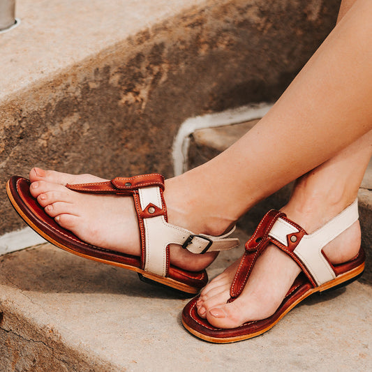 FREEBIRD women's Sorrento rust multi leather sandal with an adjustable heel strap and slightly elevated heel