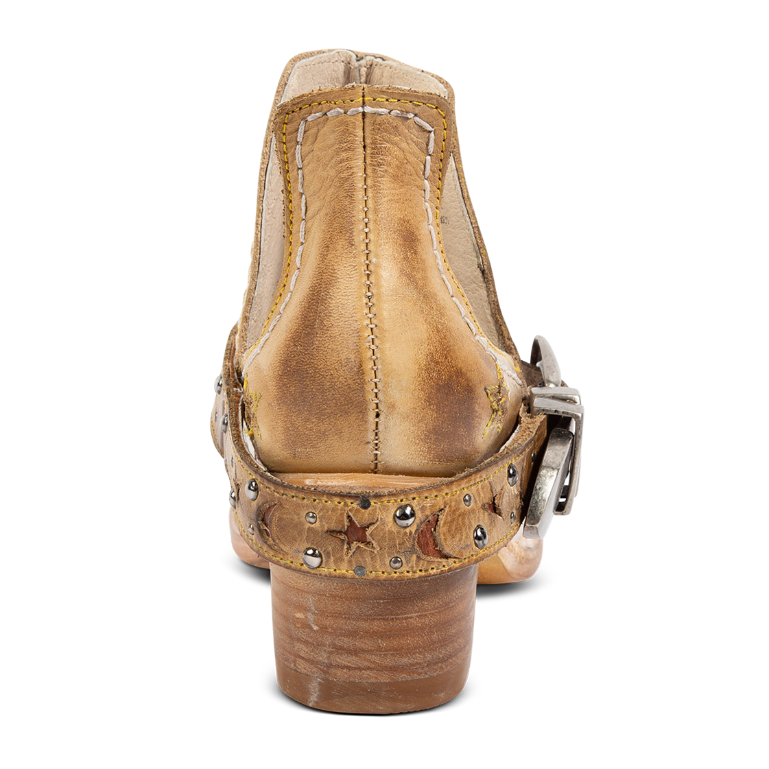 Back view showing a low stacked heel and decorative ankle strap on FREEBIRD women's Stardom beige bootie