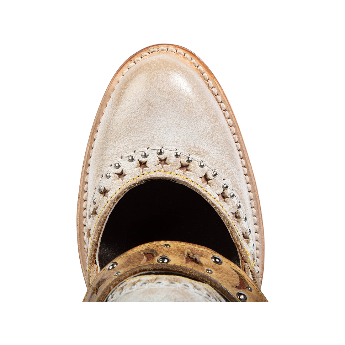 Top view showing an almond toe construction and decorative detailing on FREEBIRD women's Stardom beige bootie