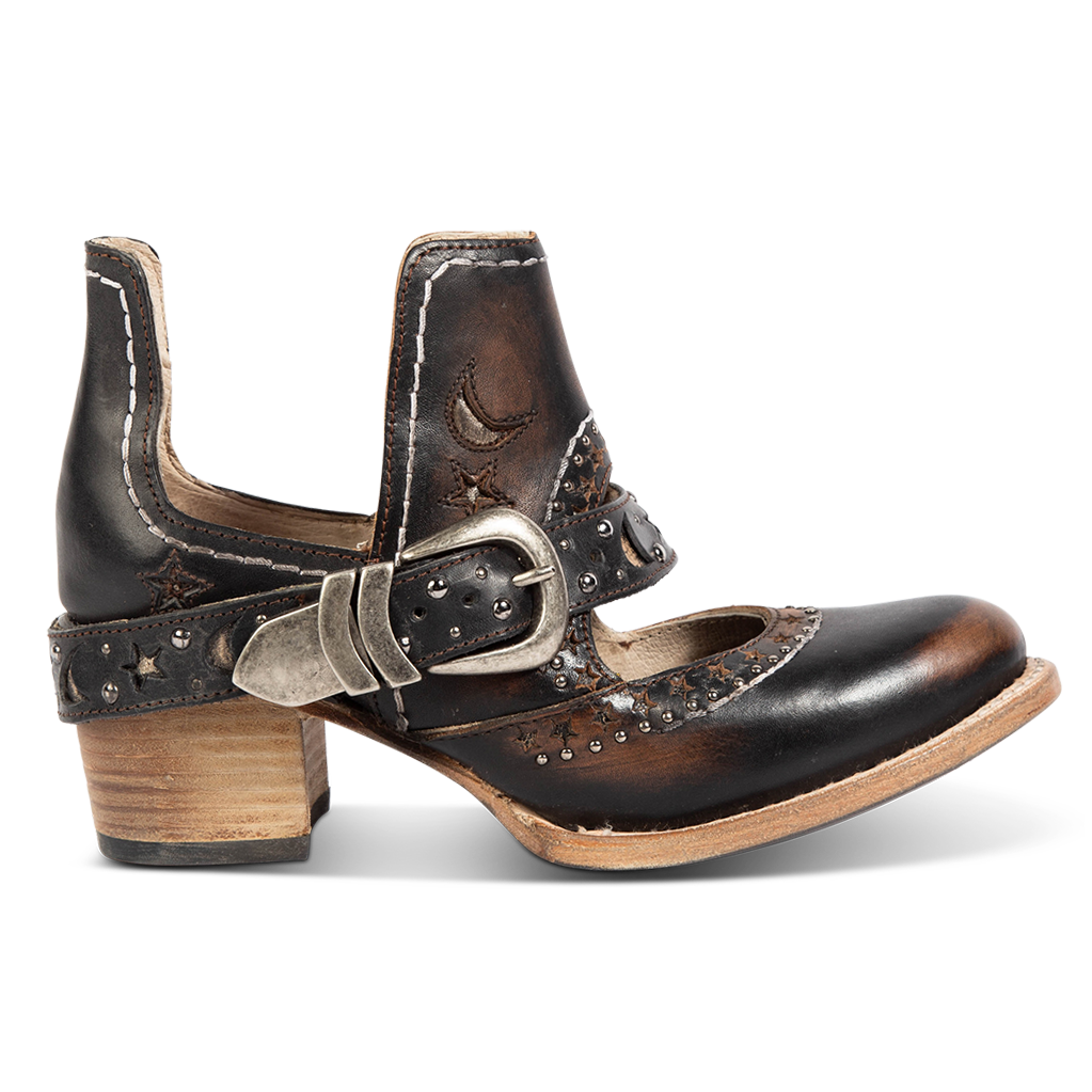 FREEBIRD women's Stardom black bootie with silver stud detailing, laser cut leather, open ankles, and a decorative ankle strap