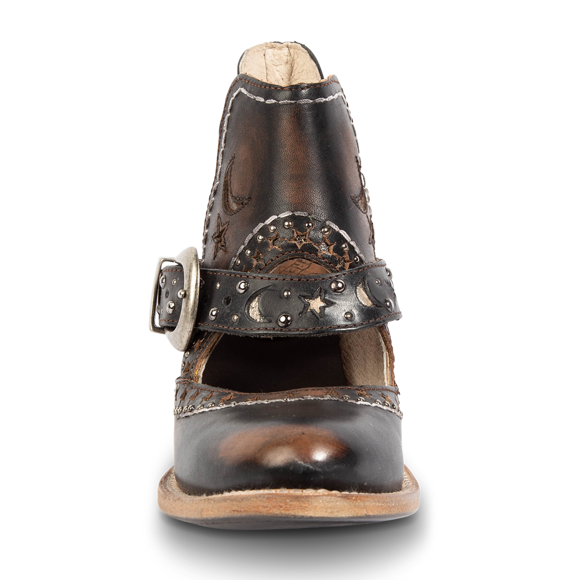 Front view showing laser cut leather detailing, instep cutout, and ankle strap with stars/moons on FREEBIRD women's Stardom black bootie