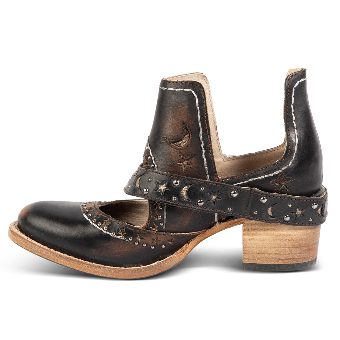 Side view showing a decorative ankle strap, silver stud detailing, and exposed ankles on FREEBIRD women's Stardom black bootie
