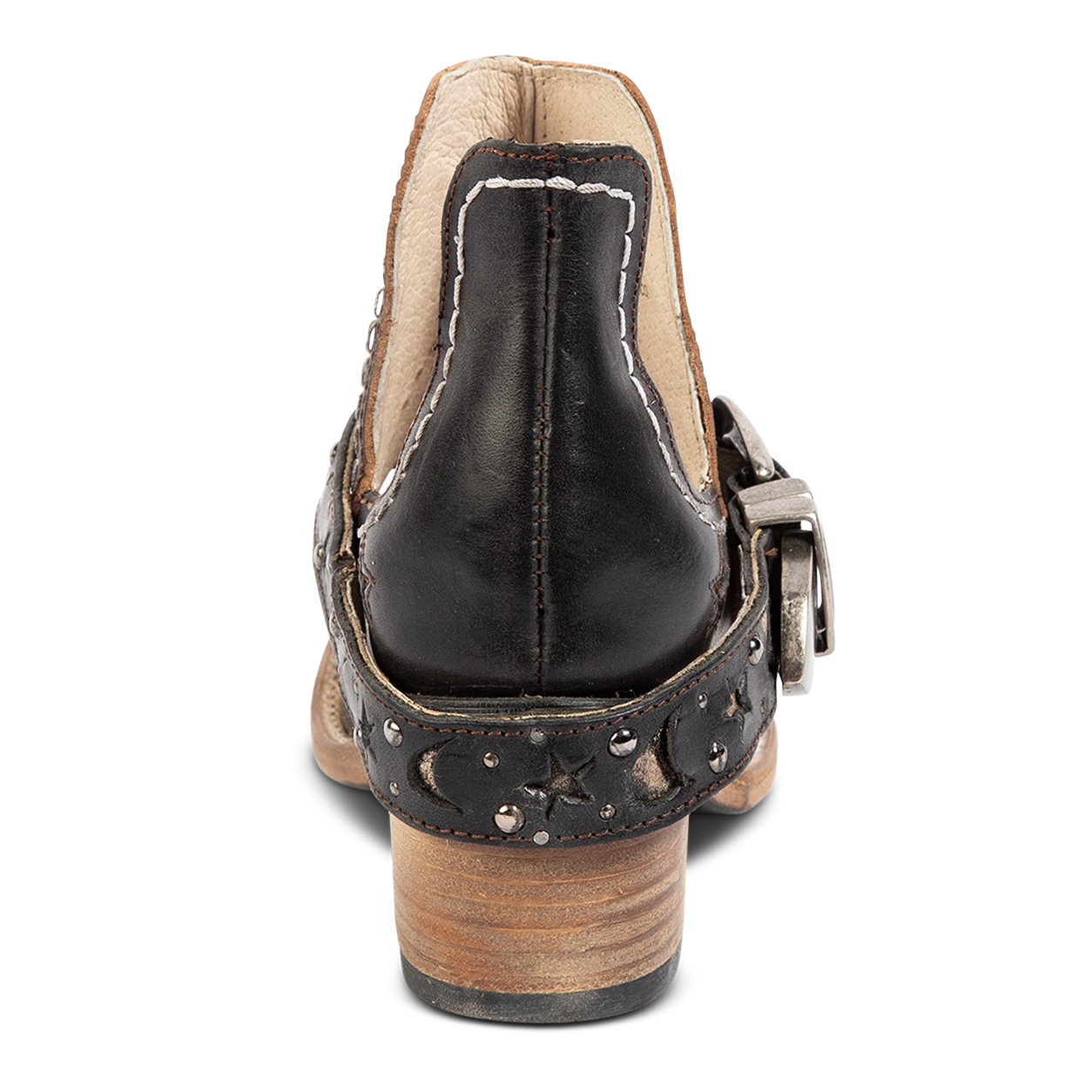Back view showing a low stacked heel and decorative ankle strap on FREEBIRD women's Stardom black bootie