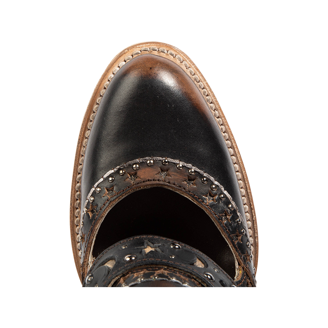 Top view showing an almond toe construction and decorative detailing on FREEBIRD women's Stardom black bootie