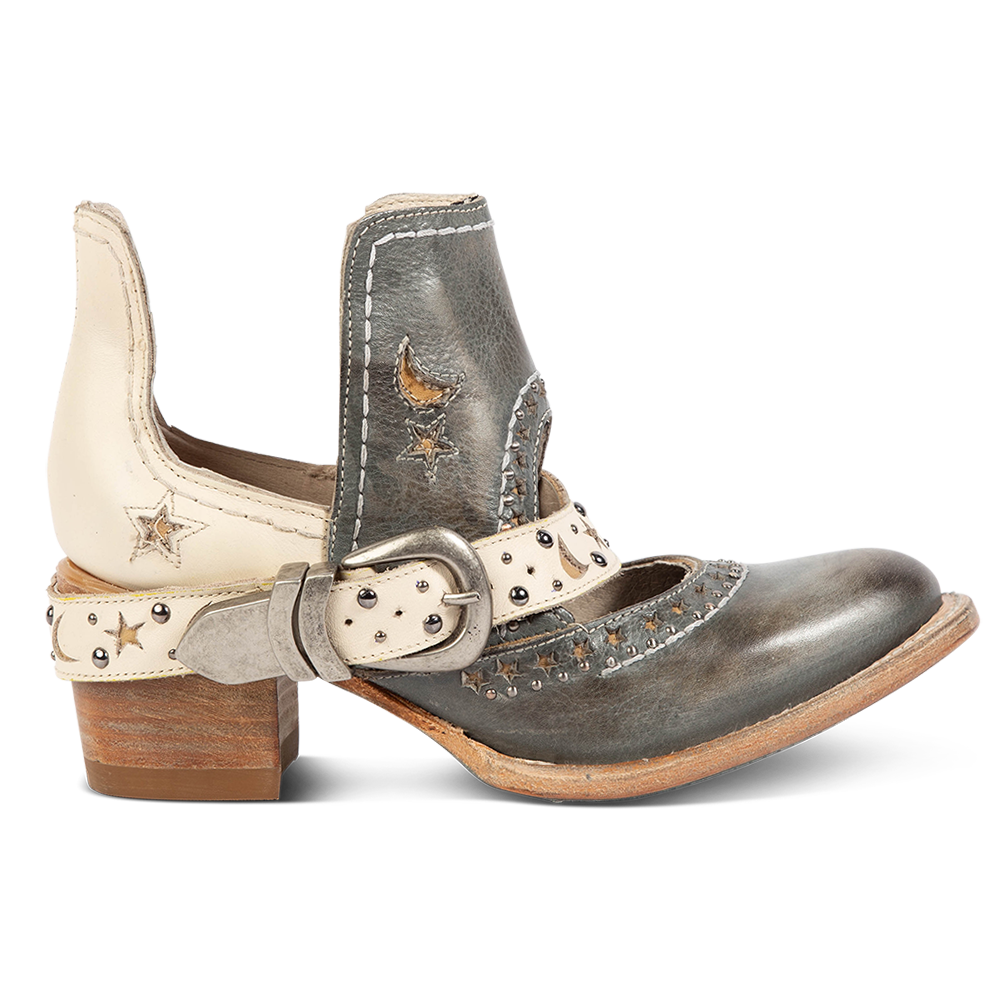 FREEBIRD women's Stardom blue bootie with silver stud detailing, laser cut leather, open ankles, and a decorative ankle strap