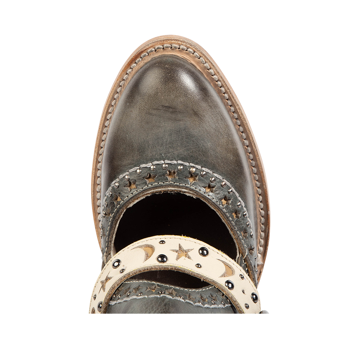 Top view showing an almond toe construction and decorative detailing on FREEBIRD women's Stardom blue bootie