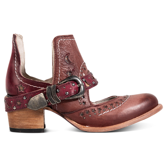 FREEBIRD women's Stardom wine bootie with silver stud detailing, laser cut leather, open ankles, and a decorative ankle strap