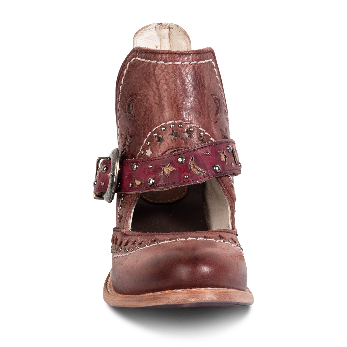Front view showing laser cut leather detailing, instep cutout, and ankle strap with stars/moons on FREEBIRD women's Stardom wine bootie