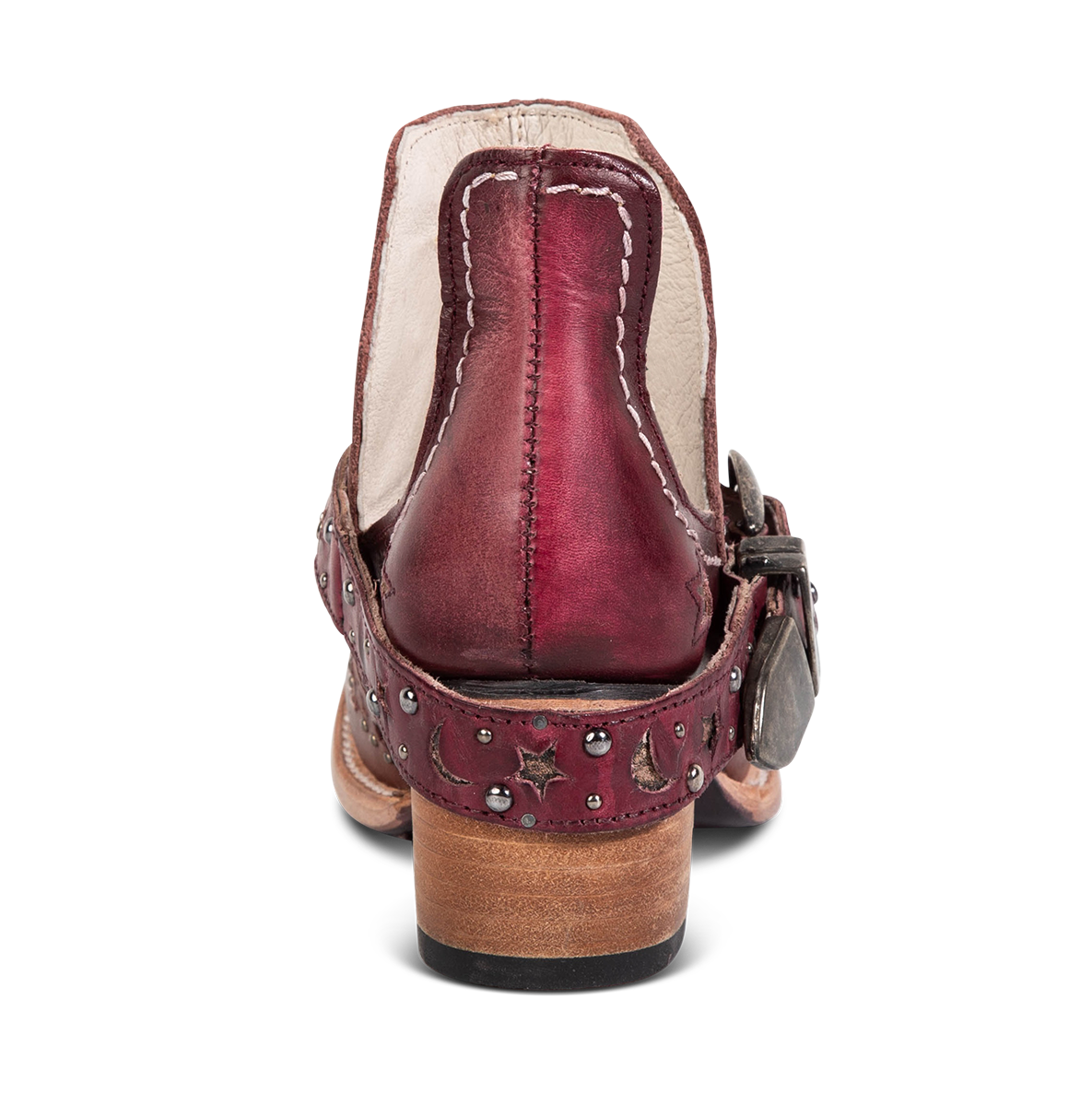 Back view showing a low stacked heel and decorative ankle strap on FREEBIRD women's Stardom wine bootie
