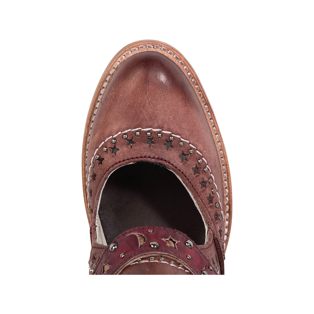 Top view showing an almond toe construction and decorative detailing on FREEBIRD women's Stardom wine bootie