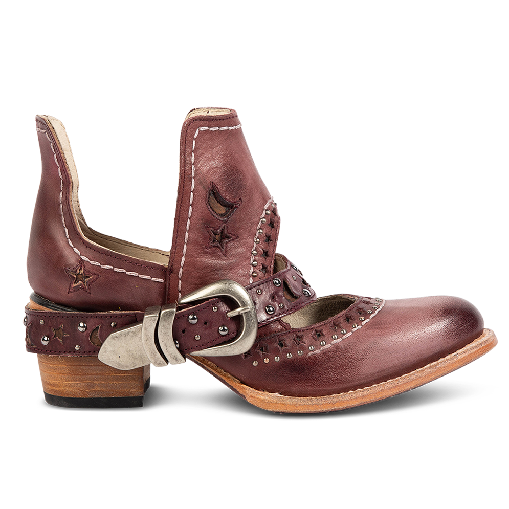 FREEBIRD women's Stardom wine bootie with silver stud detailing, laser cut leather, open ankles, and a decorative ankle strap