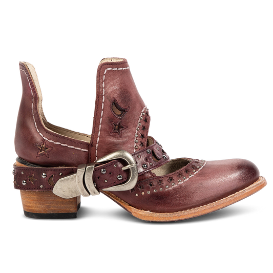 FREEBIRD women's Stardom wine bootie with silver stud detailing, laser cut leather, open ankles, and a decorative ankle strap